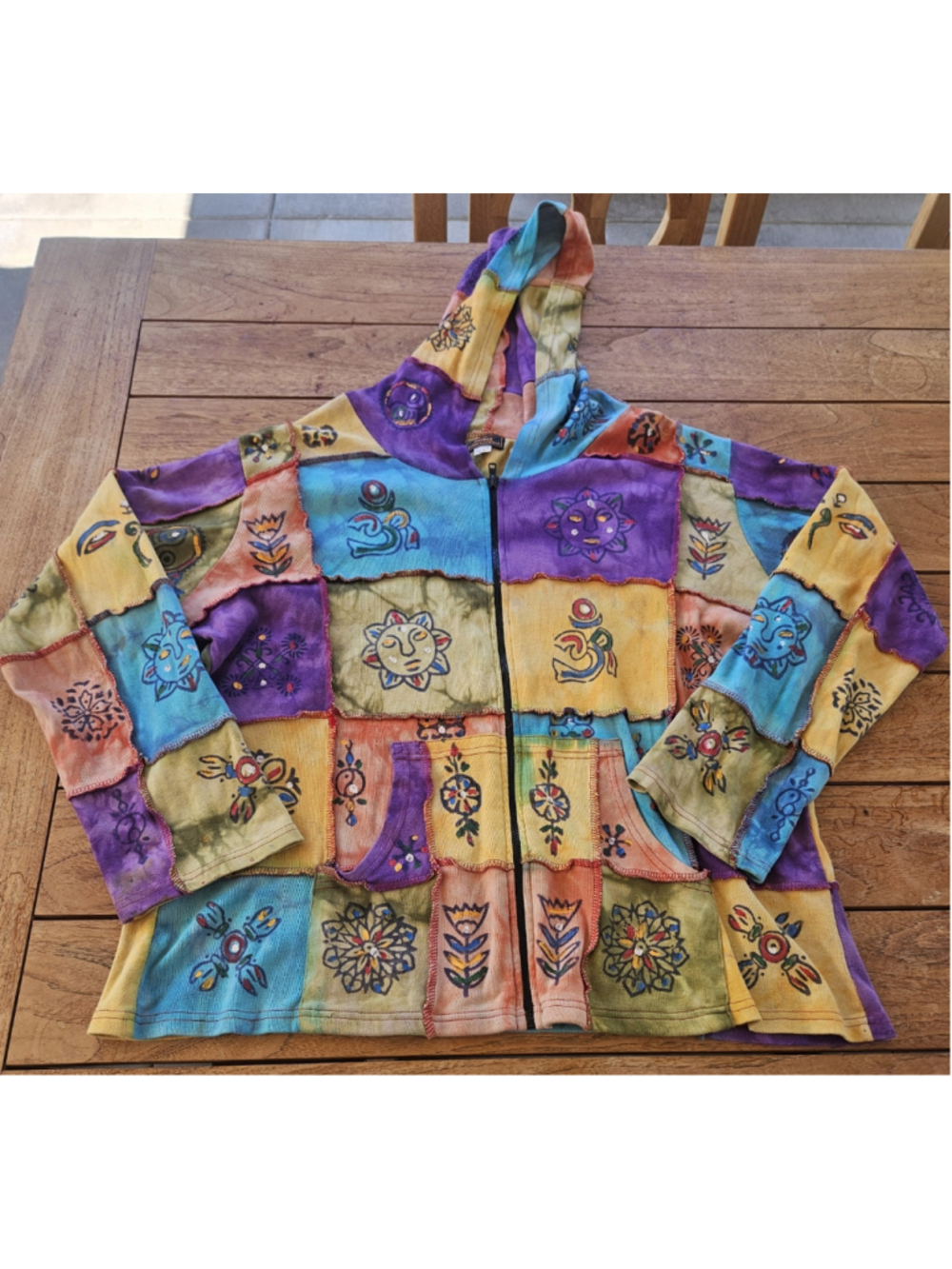 Vintage Rising International Patchwork Zip Up Hoodie Boho Hippie Sun Size XXL